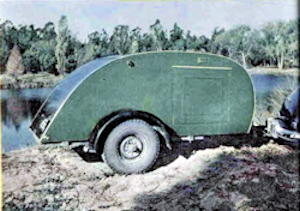 Origina lteardrop trailer designed by Howard Warren of Riverside, Calif. has travelled thousands of miles