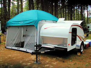 teardrop camper with a screen tent